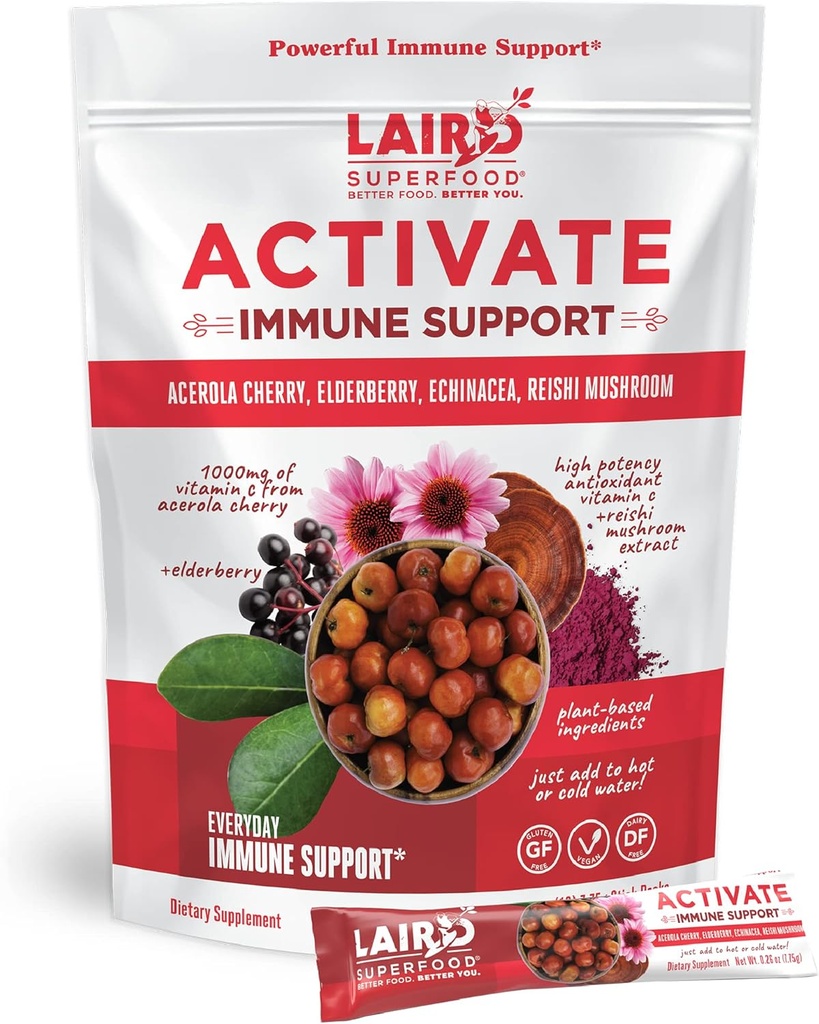 Laird Superfood Activate Immune Support Powder Drink Supplement, 1000 mg of Vitamin C from Acerola Cherry, Elderberry, Echinacea and Reishi Mushroom, 7.75 Gram Stick, Pack of 10