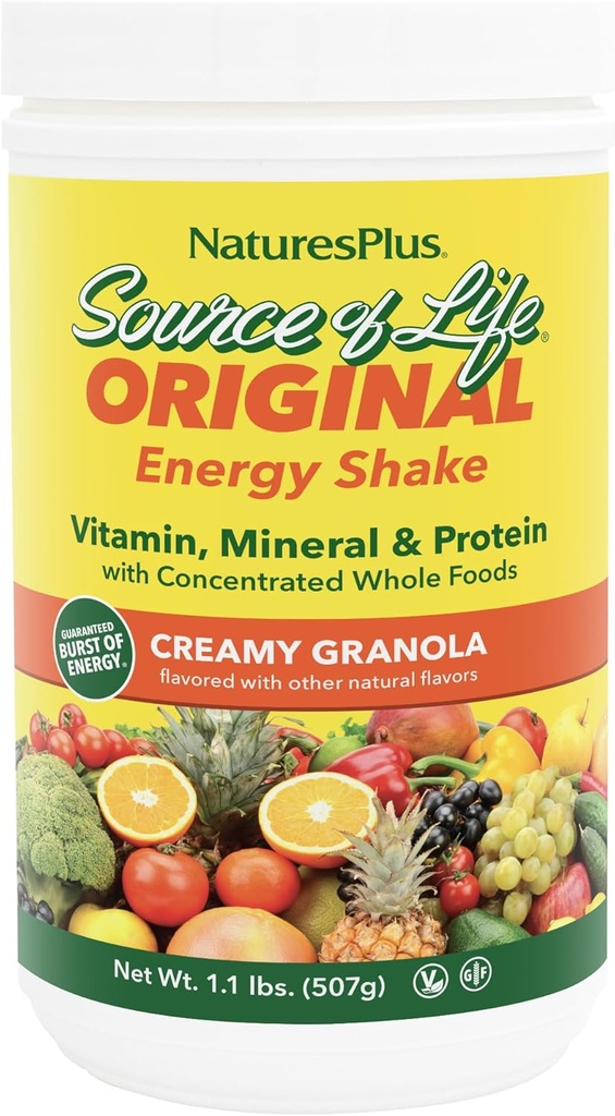 Natures Plus Source of Life Energy Shake, Creamy Granola - 1.1 lbs - Provides 13g Complete Protein, Vitamins & Minerals - Non-GMO, Gluten Free, Vegetarian - 13 Total Servings