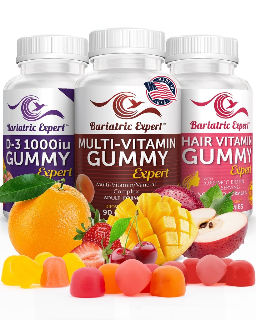 Bariatric Multivitamin 3 Pack, Multivitamin Gummy 90 Chews. - D3 Gummies 90 Chew - Hair Vitamin Gummy 60 Chews.
