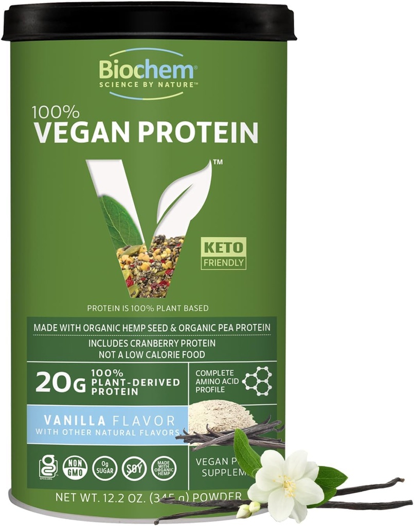Biochem Vegan Protein Powder – 20g Plant-Based Protein for Muscle Support – Organic Pea, Hemp & Cranberry Protein – Low Carb, Low Fat, Gluten-Free, Non-GMO, Keto-Friendly – Vanilla Flavor – 12.2 oz