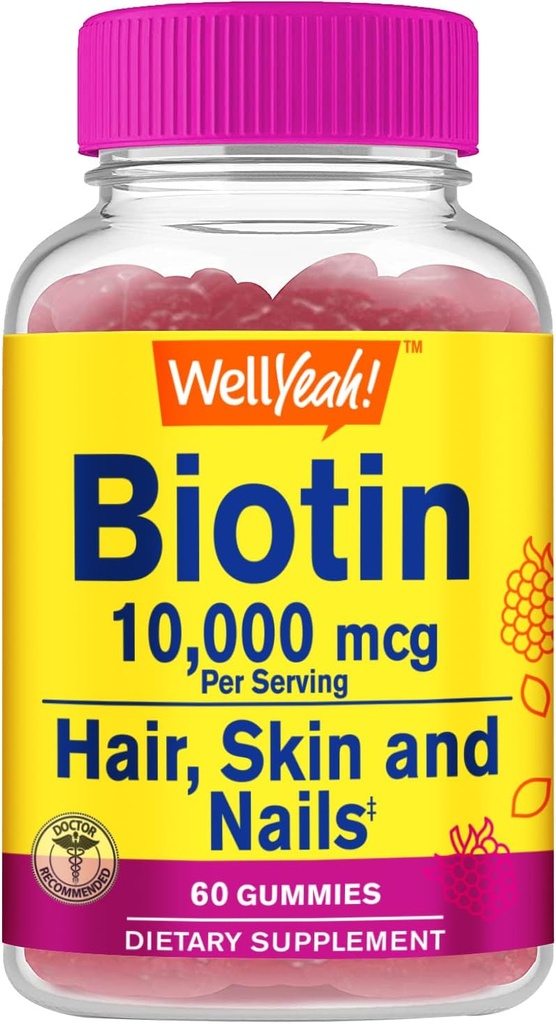 WellYeah High Potency Biotin 10,000 mcg Gummies - for Stronger Hair, Skin & Nails - Vegan-Friendly, Gluten-Free, Non-GMO, and Delicious Berry Flavor - 60 Gummies