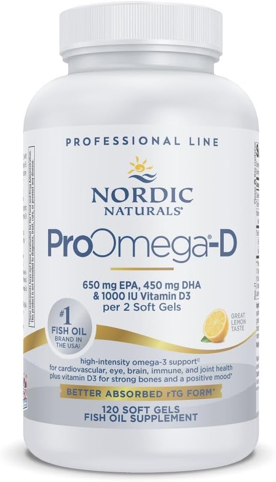 Nordic Naturals ProOmega-D, Lemon Flavor - 120 Soft Gels - 1280 mg Omega-3 + 1000 IU D3 - High-Potency Fish Oil - EPA & DHA - Brain, Eye, Heart, & Immune Health - Non-GMO - 60 Servings