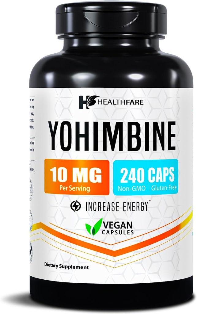 Healthfare Yohimbine HCL 10mg | 240 Vegan Capsules | Maximum Strength Formula | Non-GMO & Gluten-Free | Made in USA