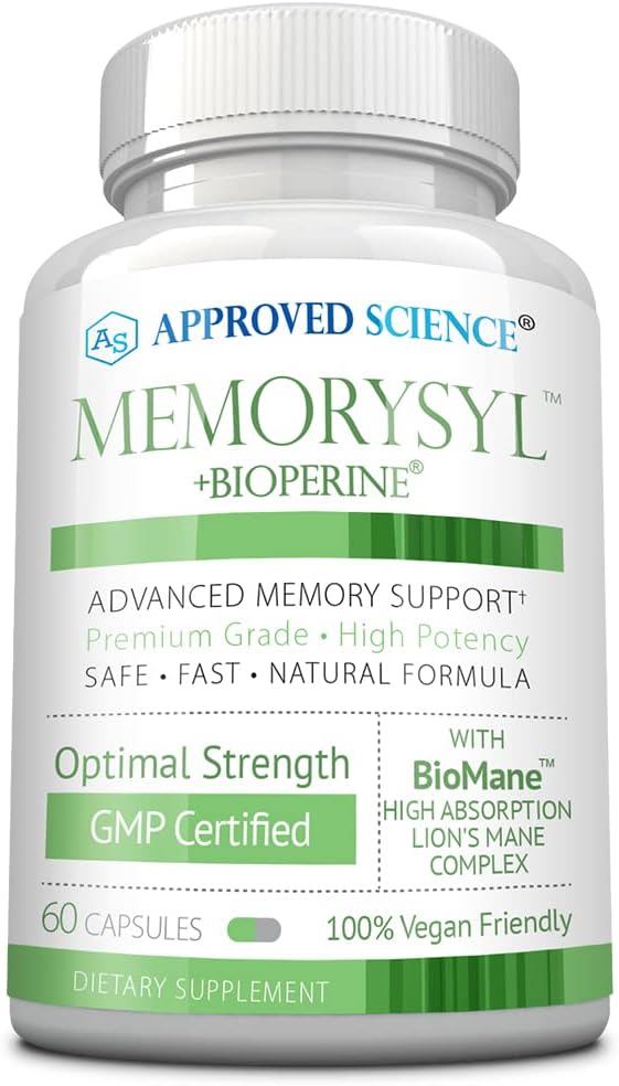 Approved Science MemorySyl - Memory Boosting Supplement - Improve Focus and Concentration - Protect Against Cognitive Decline - with Lion’s Mane and BioPerine - 60 Capsules - Vegan