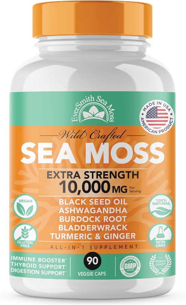 Irish Sea Moss 3,500mg, Black Seed Oil 2,000mg, Bladderwrack 1,000mg, Burdock Root | Wildcrafted Irish Seamoss | Immunity Supplement | Sea Moss with Burdock Root | 90 Count