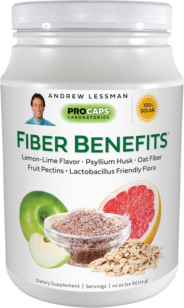 ANDREW LESSMAN Fiber Benefits Powder 120 Servings - Lemon-Lime, Gentle, Natural Soluble/Insoluble Fiber, Promotes Regularity, Cleansing. Psyllium Husk, Oat, Apple, Grapefruit, Guar Gum, Probiotics