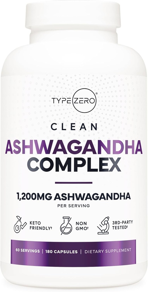 Type Zero KSM-66 Ashwagandha Root Extract 1,200mg, 60 Servings - High Potency 5% Withanolides - with Turmeric, Rhodiola Rosea and BioPerine Black Pepper Extract - 180 Veggie Caps