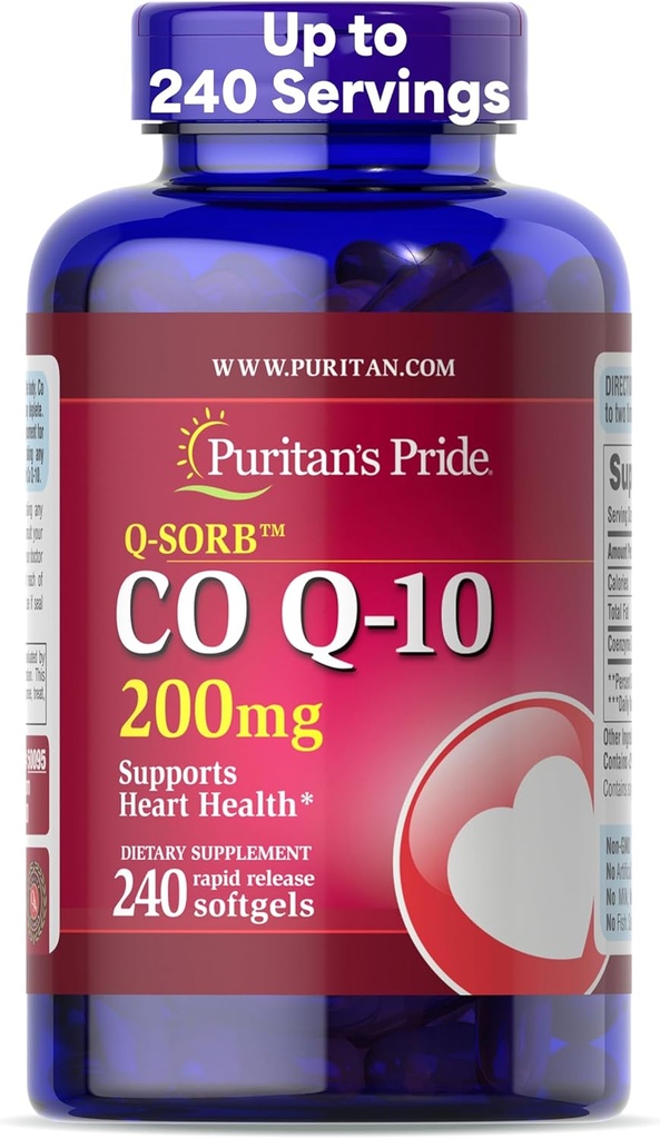 Puritan's Pride Coenzyme CoQ10 200mg, Dietary Supplement for Heart Health, Blood Pressure, Oral Gum Health, and Healthy Aging Support, 240 Servings, Rapid Release Softgels