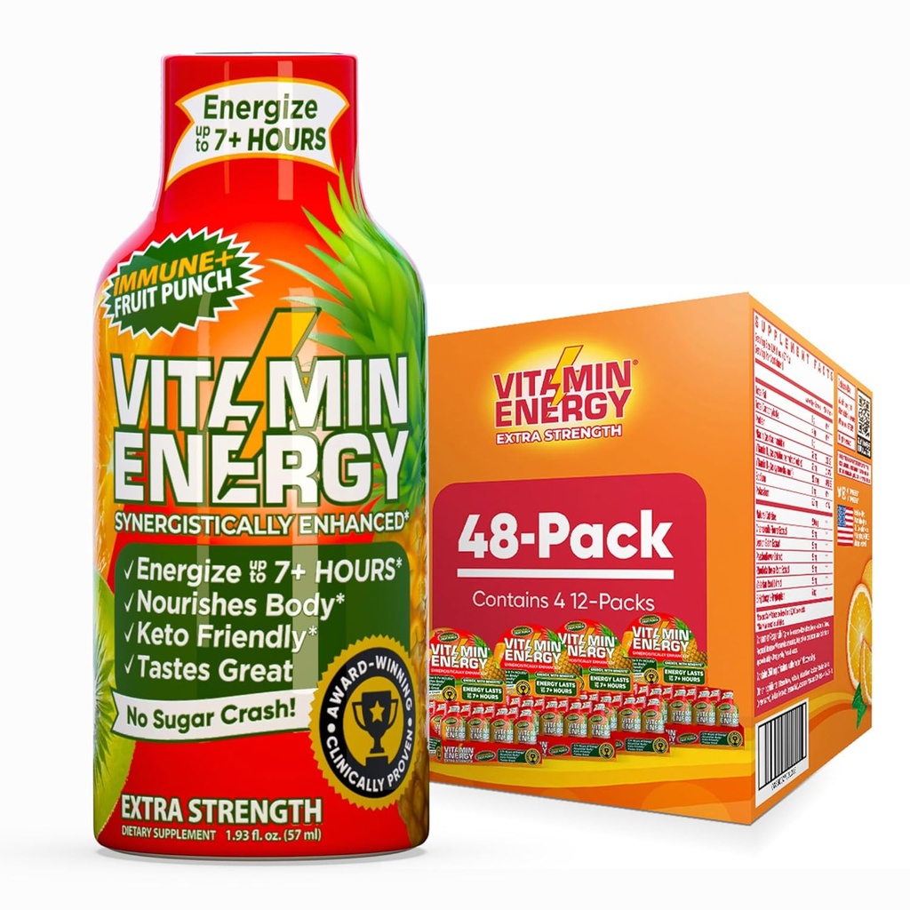 Vitamin Energy Immune+ Extra Strength Energy Shot Fruit Punch 48 Pack, 260mg Natural Caffeine, B-Vitamins, Citicoline, Green Tea, Immunity & Focus Support, Zero Sugar, Gluten-Free 1.93 fl oz