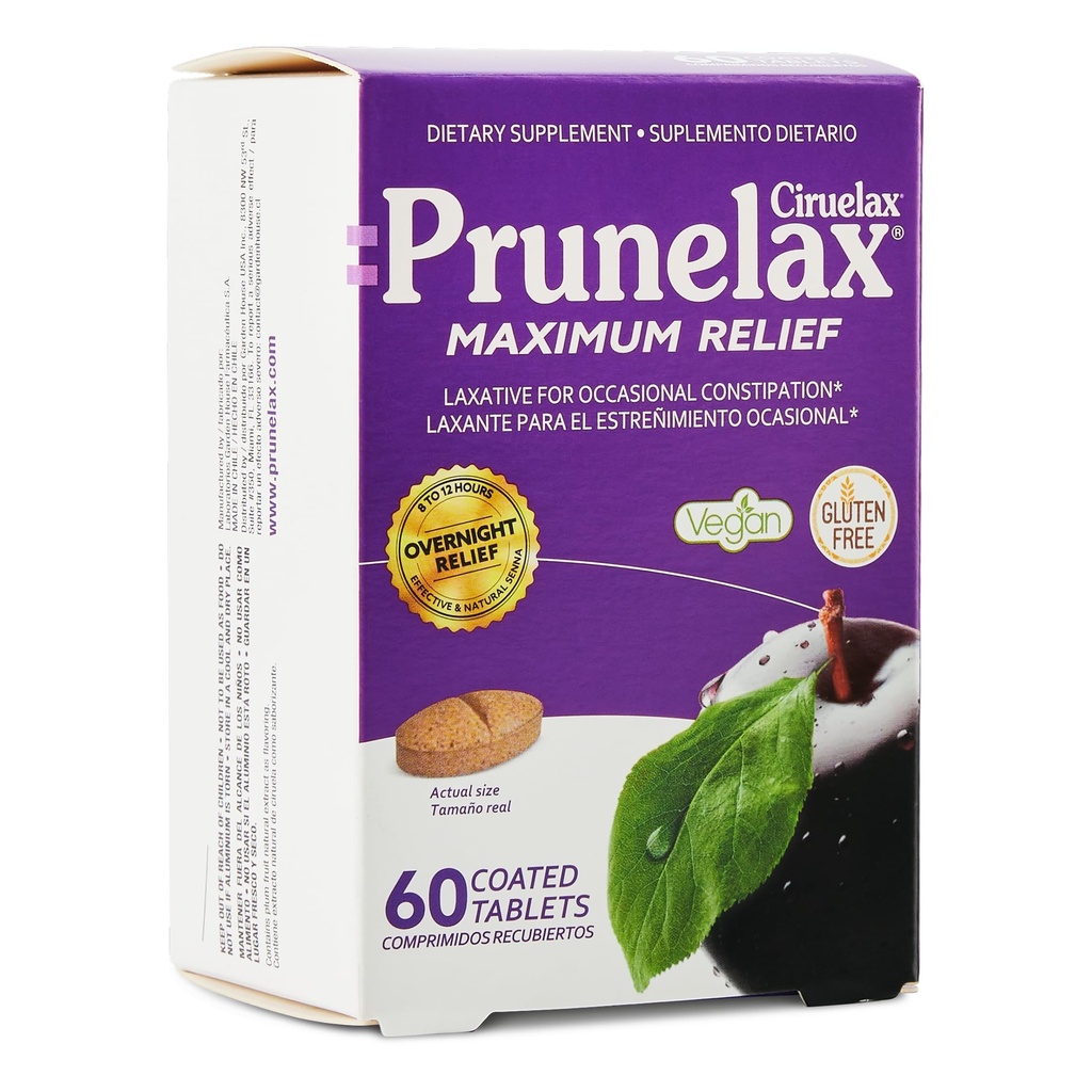 Prunelax Ciruelax Maximum Relief Laxative Tablets with Natural Senna for Occasional Constipation, Senna Extract, Vegan & Gluten-Free, Gentle Overnight Relief - 60ct