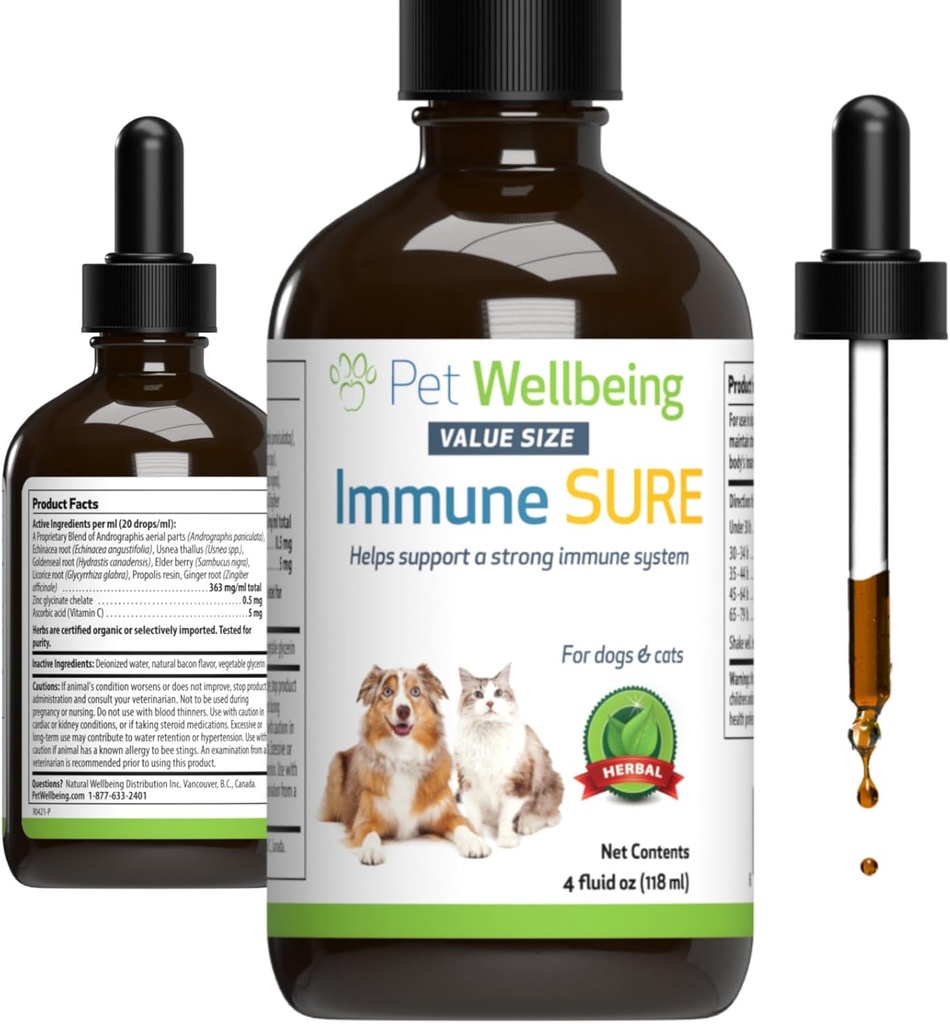 Pet Wellbeing Immune Sure for Dogs - Supports Normal Immune Defenses, Gut Flora Balance, Andrographis, Echinacea, Vitamin C, Zinc - Veterinarian-Formulated Herbal Supplement 4 oz (118 ml)