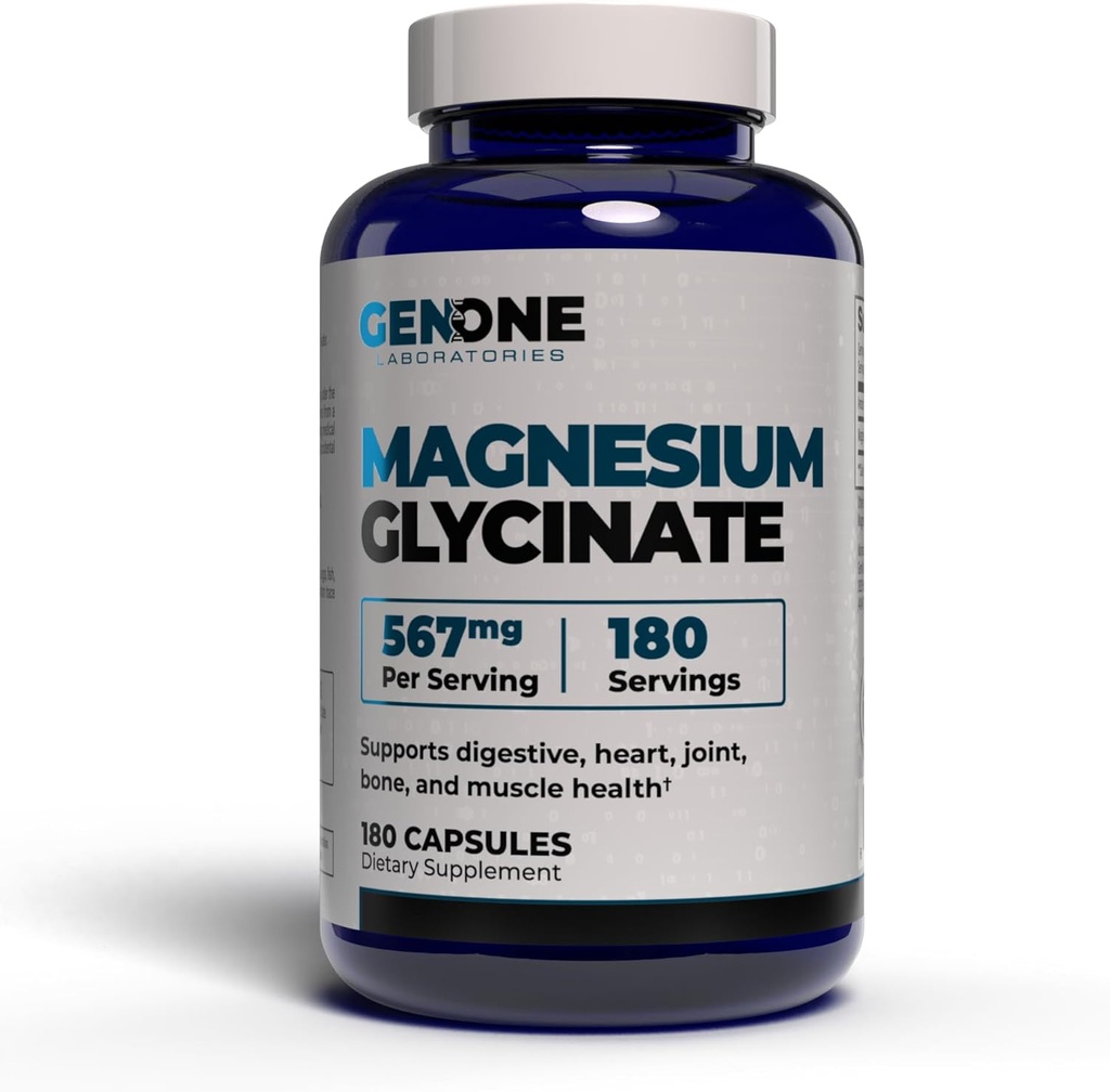 GenOne Magnesium Glycinate Capsules - Enhanced Absorption for Bone & Mental Support - Gentle on Stomach 567mg per Serving - 180 Count