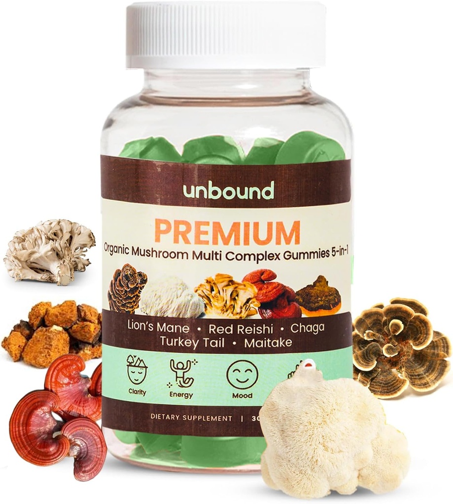 Unbound Premium Organic Mushroom Multi-Complex Gummies for Support Memory 5 in 1, Blend with Chaga, Lion's Mane, Reishi, Turkey Tail, Maitake - 60 Gummies,