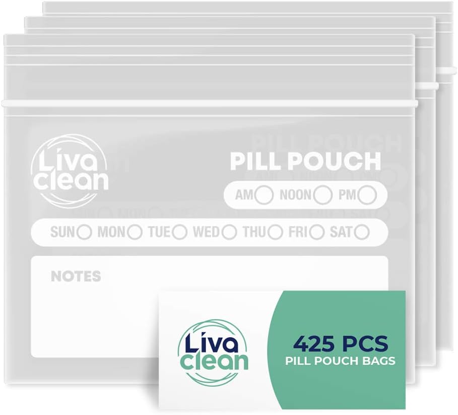 LivaClean 425 Pack Upgraded Thickness Pill Pouches for Travel - Pill Bags, Medicine Bag for Traveling