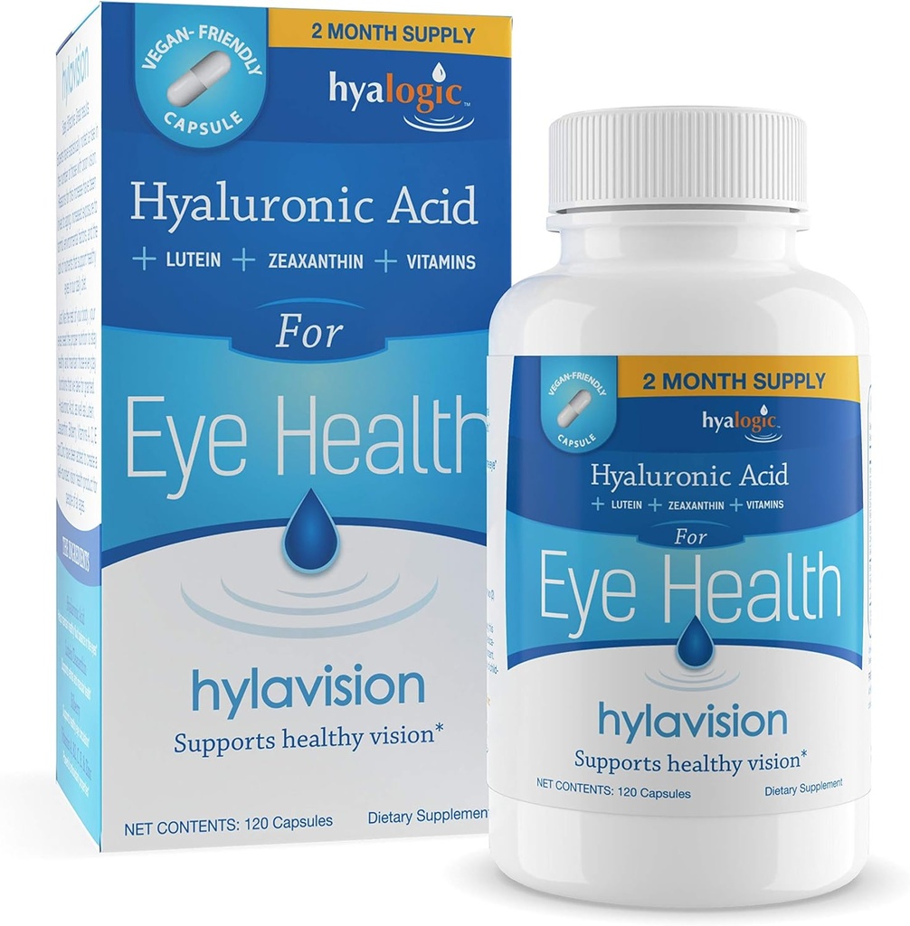 HylaVision Eye Health Supplements: Hyaluronic Acid, Lutein and Zeaxanthin Dietary Supplements for Vision Support (120 Capsules)— Vegan Formula by Hyalogic