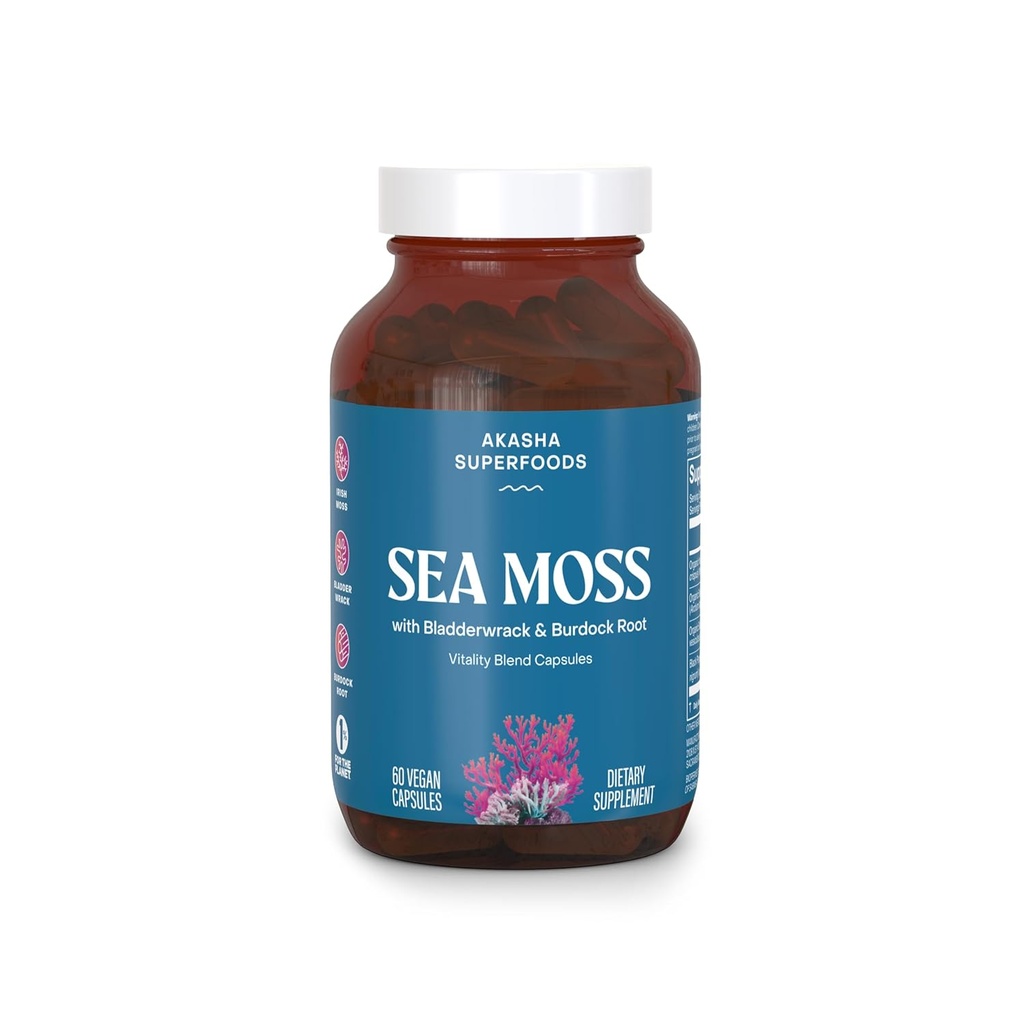 Akasha Superfoods Sea Moss Capsules, Organic Irish Moss with Bladderwrack Root, Burdock Root, and BioPerine, Skin, Thyroid, Digestion & Immunity Support for Women & Men, Gluten Free, Vegan, 60 Count