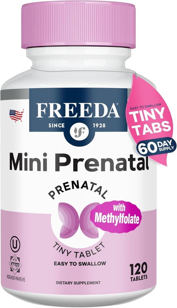 FREEDA Mini Prenatal Vitamin - Kosher Prenatals -Tiny Easy to Swallow Tablets - Prenatal Vitamins with Iron, Prenatal Folic Acid/Folate, Vitamin D - Pre Natal Multivitamin for Pregnant Women (120)