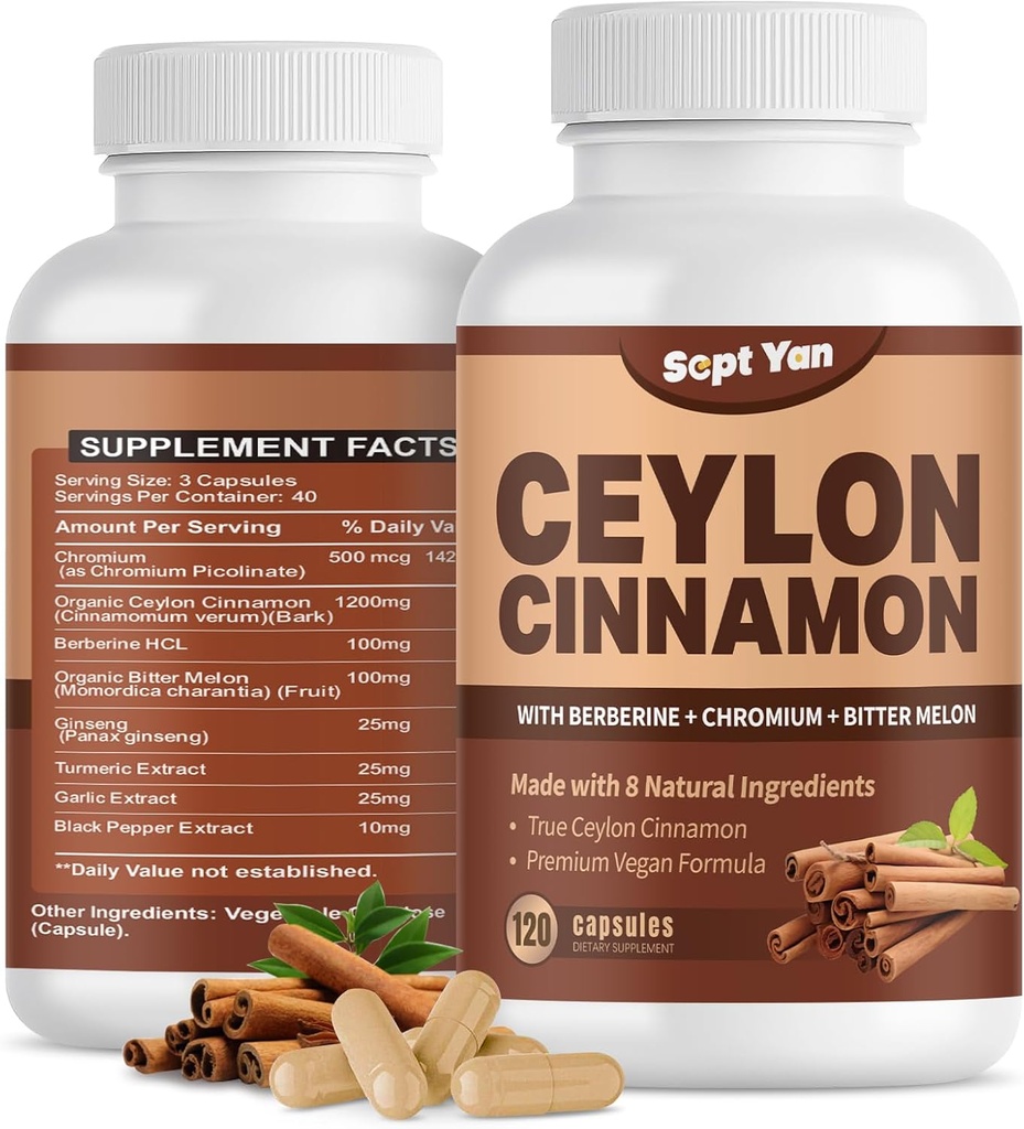 Ceylon Cinnamon Capsules 1200mg Cinnamon Bark Supplements with Chromium, Berberine HCL & Turmeric, Vegan, 120 Capsules, Energy, Metabolism, Heart & Immune Support