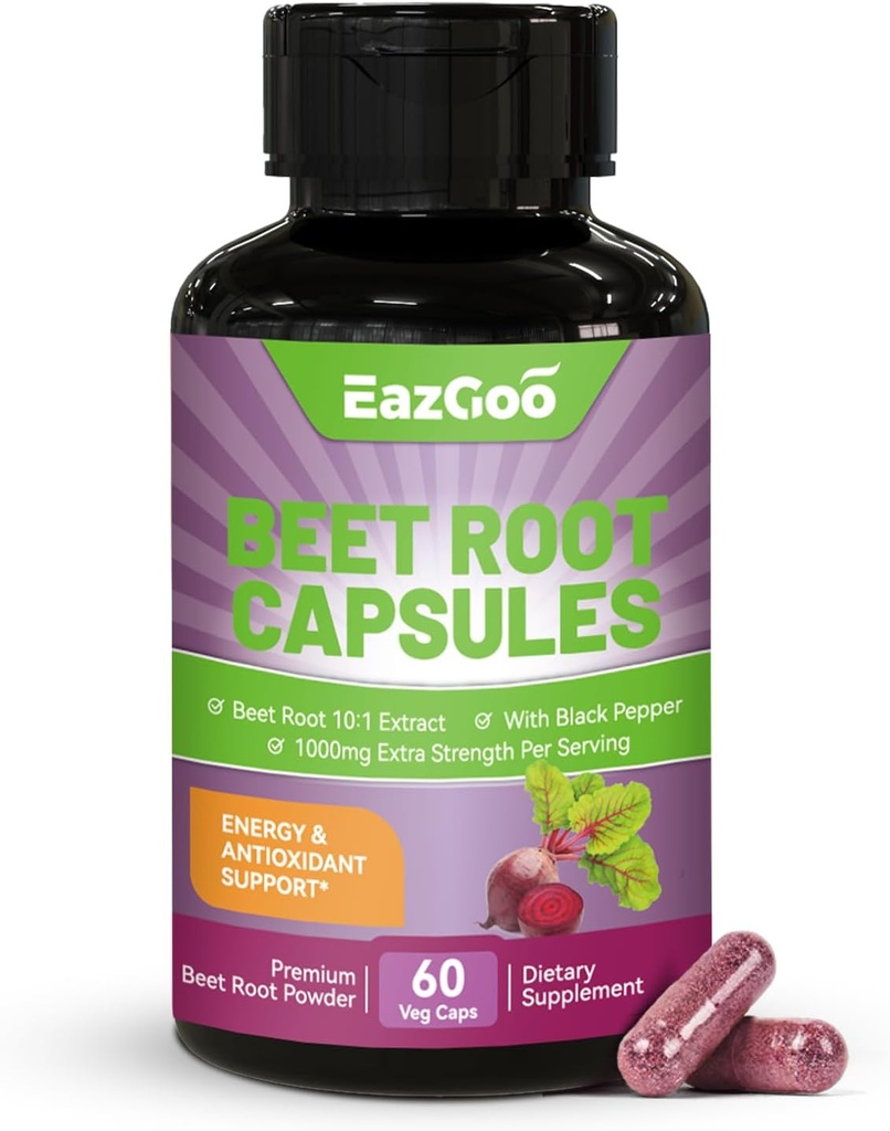 Beet Root Capsules 1000mg Per Serving, Supports Nitric Oxide Production & Blood Pressure, with Black Pepper Extract, Non-GMO, Gluten Free, Vegan - 60 Counts