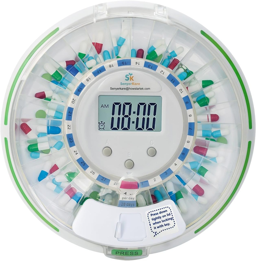 Automatic Pill Dispenser with Safety Lock, Flashing Light, Sound, Alarm, 28-Day Electronic Medication Dispenser for Vitamins and Tablets Up 6 Times/Day, Easy Read Display, Clear Lid
