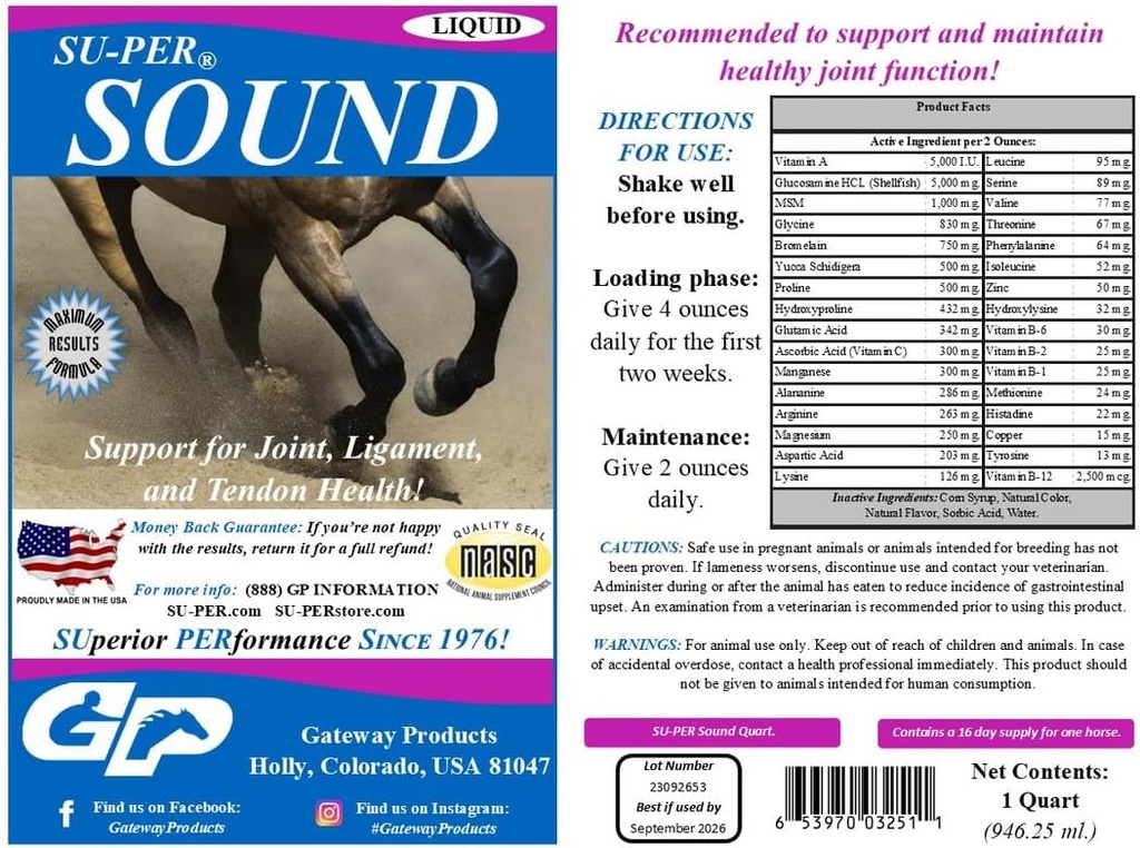 SU-PER Sound Joint Horse Supplement - Support for Joint, Ligament, and Tendon Health - Horse Vitamins and Minerals, Glucosamine, MSM, Bromelain, Amino Acids, Lysine - 1 Quart, (2 Pack)