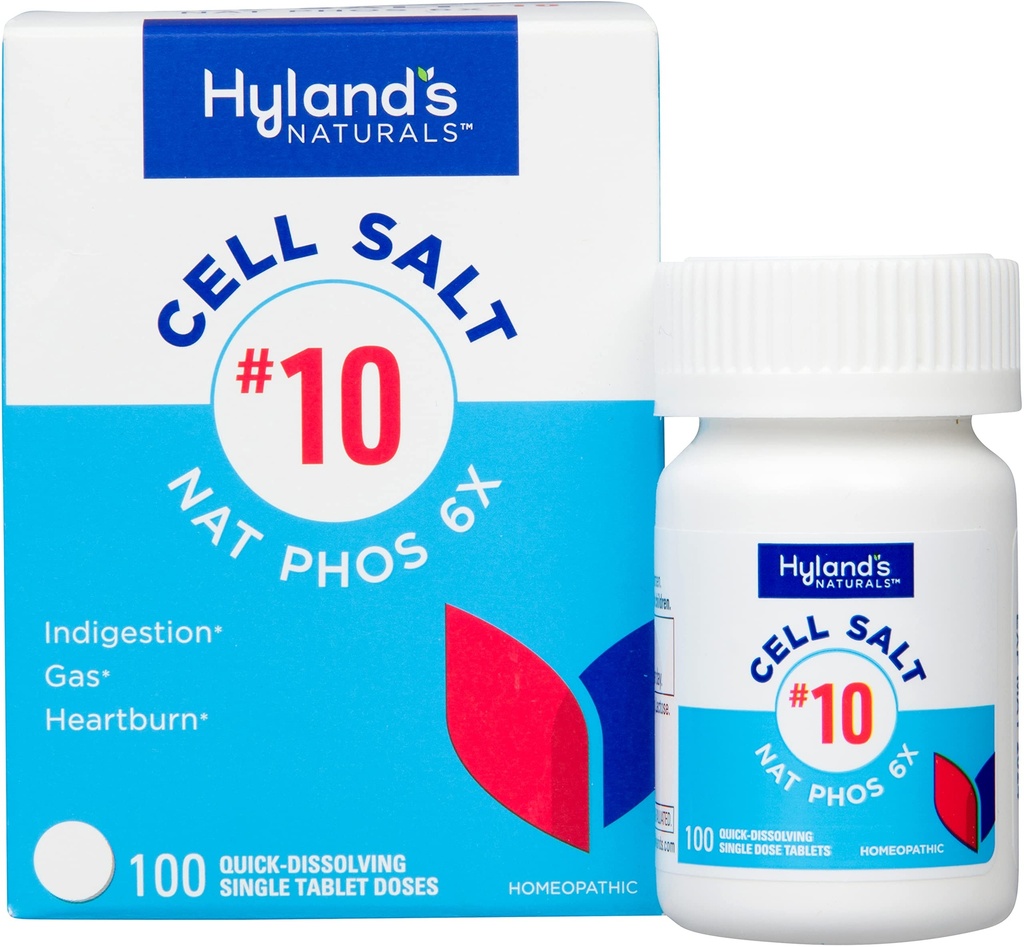 Hyland's No.10 Cell Salt NAT Phos 6X Tablets, Natural Relief of Heartburn, Gas, and Indigestion, Quick Dissolving Tablets, 100 Count