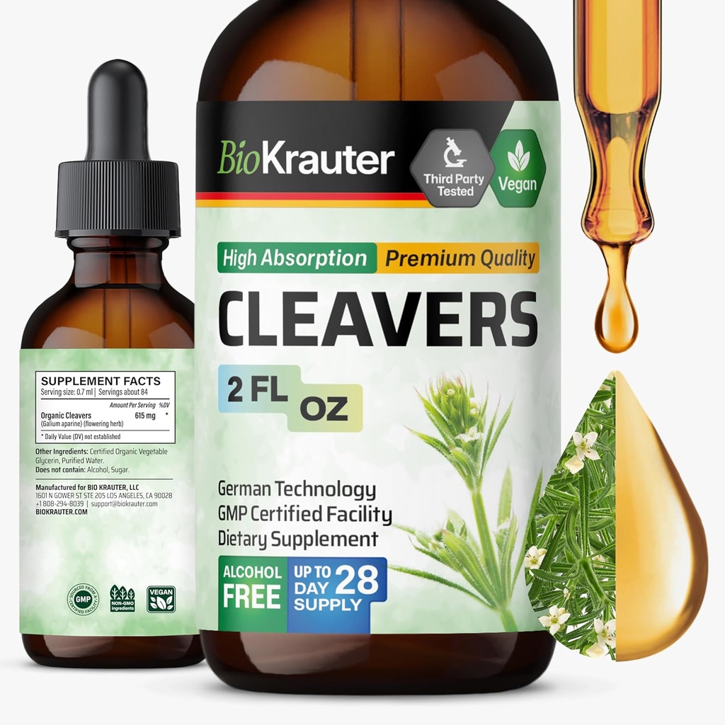 BIO KRAUTER Cleavers Tincture - Cleavers Herb Liquid Extract - Natural Detox - Alcohol and Sugar Free - Vegan Extract 2 Fl.Oz.