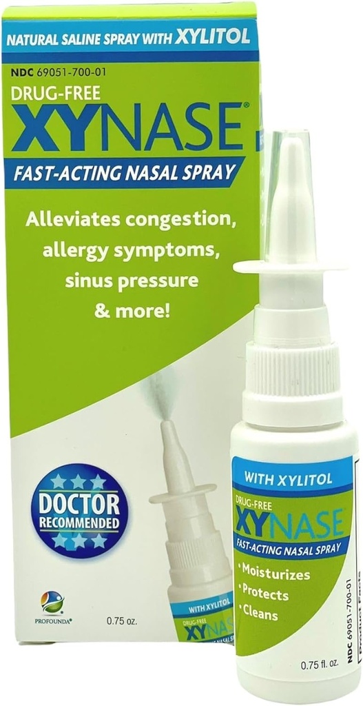 Xynase® Natural Saline Nasal Spray with Xylitol (0.75 fl oz) - Gentle Relief for Congestion, Allergies, and Sinus Pressure, Safe for All Ages