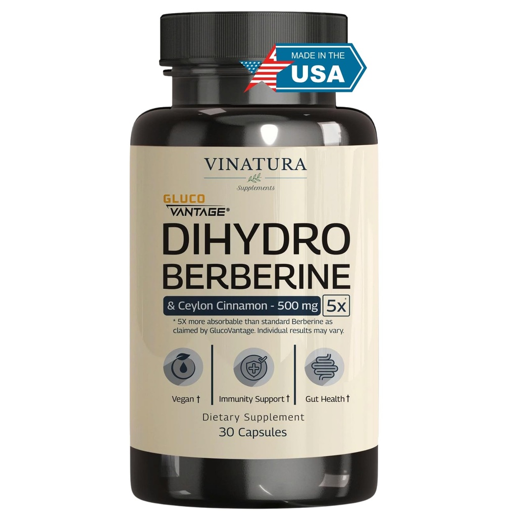 VINATURA Dihydroberberine Supplement with Ceylon Cinnamon, 500mg - (Patented GlucoVantage Super Berberine), Maybe Berberine 5X More absorbable - 30 Capsules