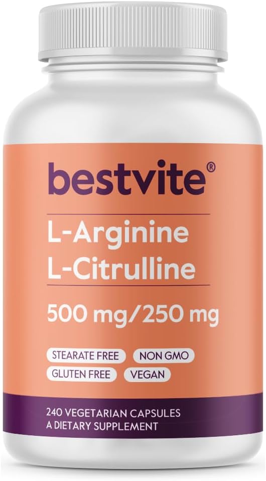 BESTVITE L-Arginine L-Citrulline 500mg / 250mg Vegan (240 Vegetarian Capsules) - No Stearates - No Dicalcium Phosphate - Non GMO - Gluten Free