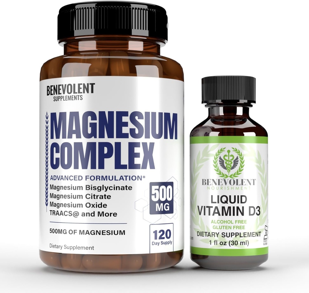 Magnesium Complex with 5 Best Forms & Liquid Vitamin D3 5000 IU Bundle - 4 Month Supply of 500mg Magnesium Glycinate, Oxide, Taurate, Chelate, Magnesium Citrate - Sleep & Immune Support