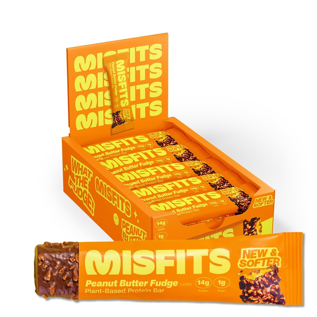 Misfits Vegan Protein Bars, Peanut Butter Fudge - Updated Recipe | Plant Based, Low Sugar & Carb, High Fiber Snacks | Pack of 15
