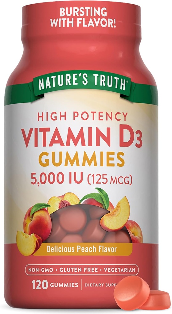 Nature's Truth Vitamin D3 Gummies | 5000 IU | 120 Count | Vegetarian, Non-GMO & Gluten Free Supplement | Natural Peach Flavor, Pack of 1