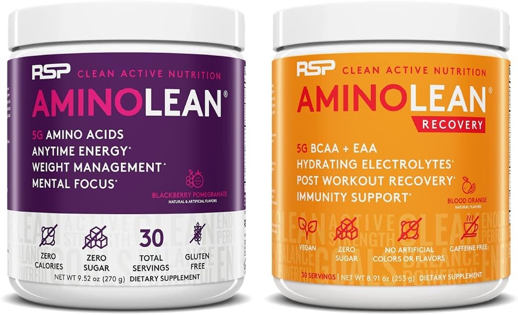 RSP NUTRITION AminoLean Pre Workout Energy (BlackBerry Pomegranate 30 Servings) with AminoLean Recovery Post Workout Boost (Blood Orange 30 Servings)