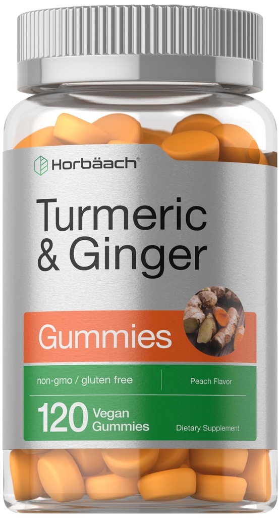 Horbäach Turmeric and Ginger Gummies | 120 Count | Peach Flavor | Vegan Non-GMO & Gluten Free Supplement