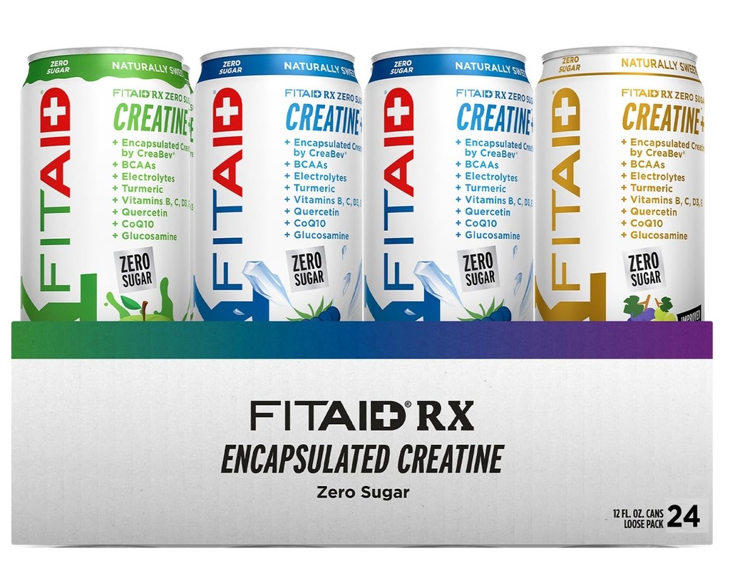 FITAID RX Zero Sugar, Encapsulated Creatine, Workout Recovery Drink, All-In-One Blend, BCAAs, Glucosamine, Turmeric, B-Complex, Electrolytes, Variety Pack, 12 Fl Oz (Pack of 24)