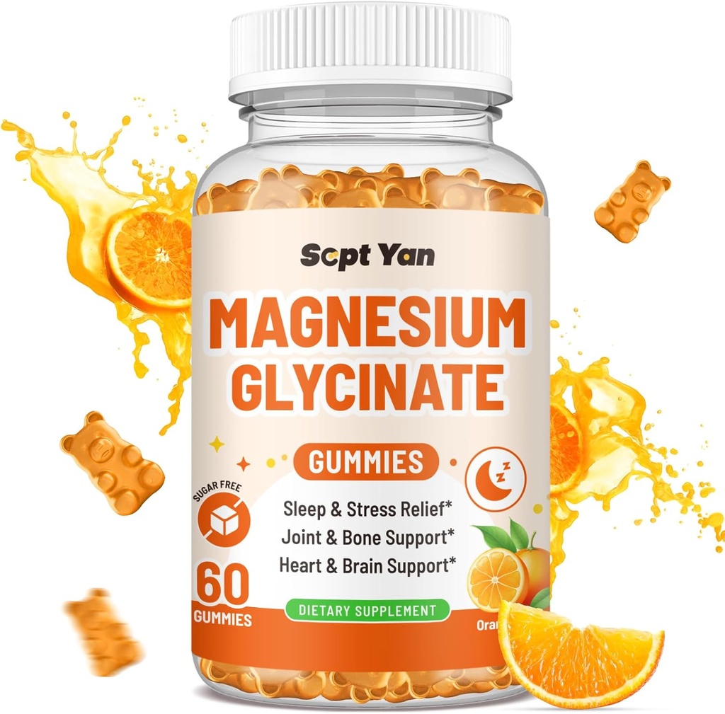 Magnesium Gummies for Adults - Magnesium Glycinate Supplement with Vitamin B6, L-theanine, Vitamin D, CoQ10 - Magnesium Comlex Gummies for Mood, Bone & Muscle, Sugar Free Orange Flavor 60 ct