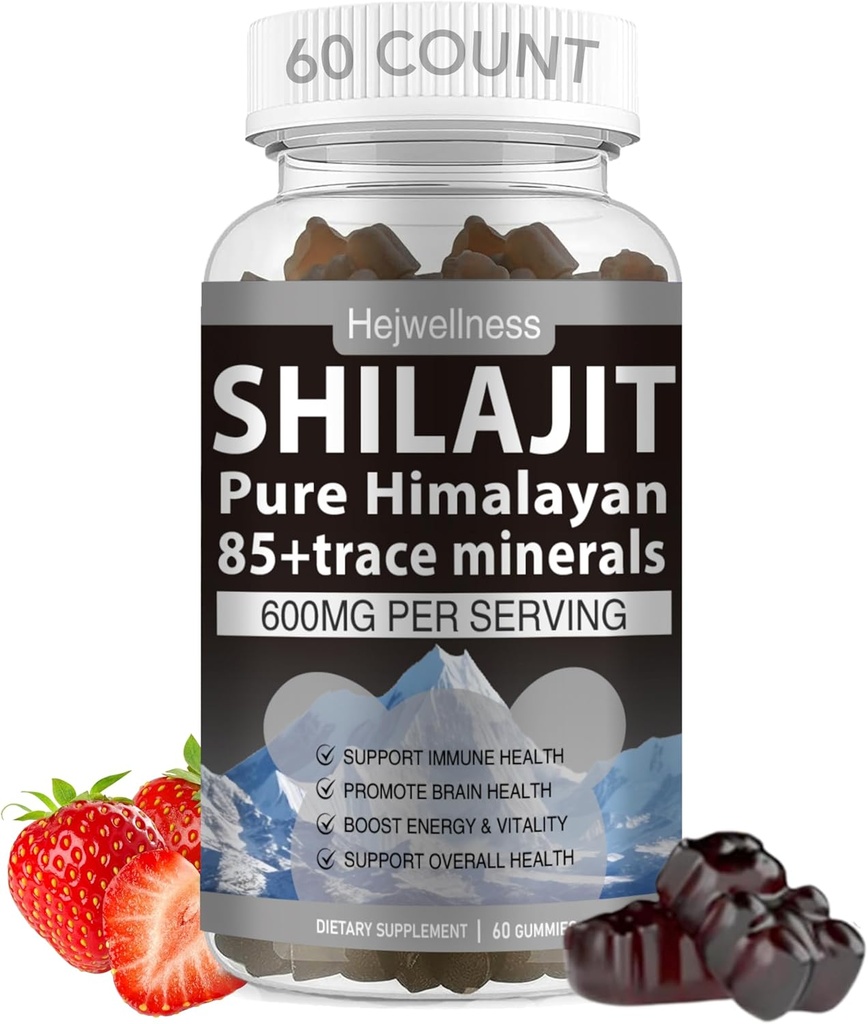 Shilajit Gummies - 600 mg Natural Organic Shilajit Resin with 85+ Trace Minerals, Fulvic Acid & Phytonutrients - Strawberry Flavor - for Energy, Immune Support - 60 Gummies, 1 Month Supply