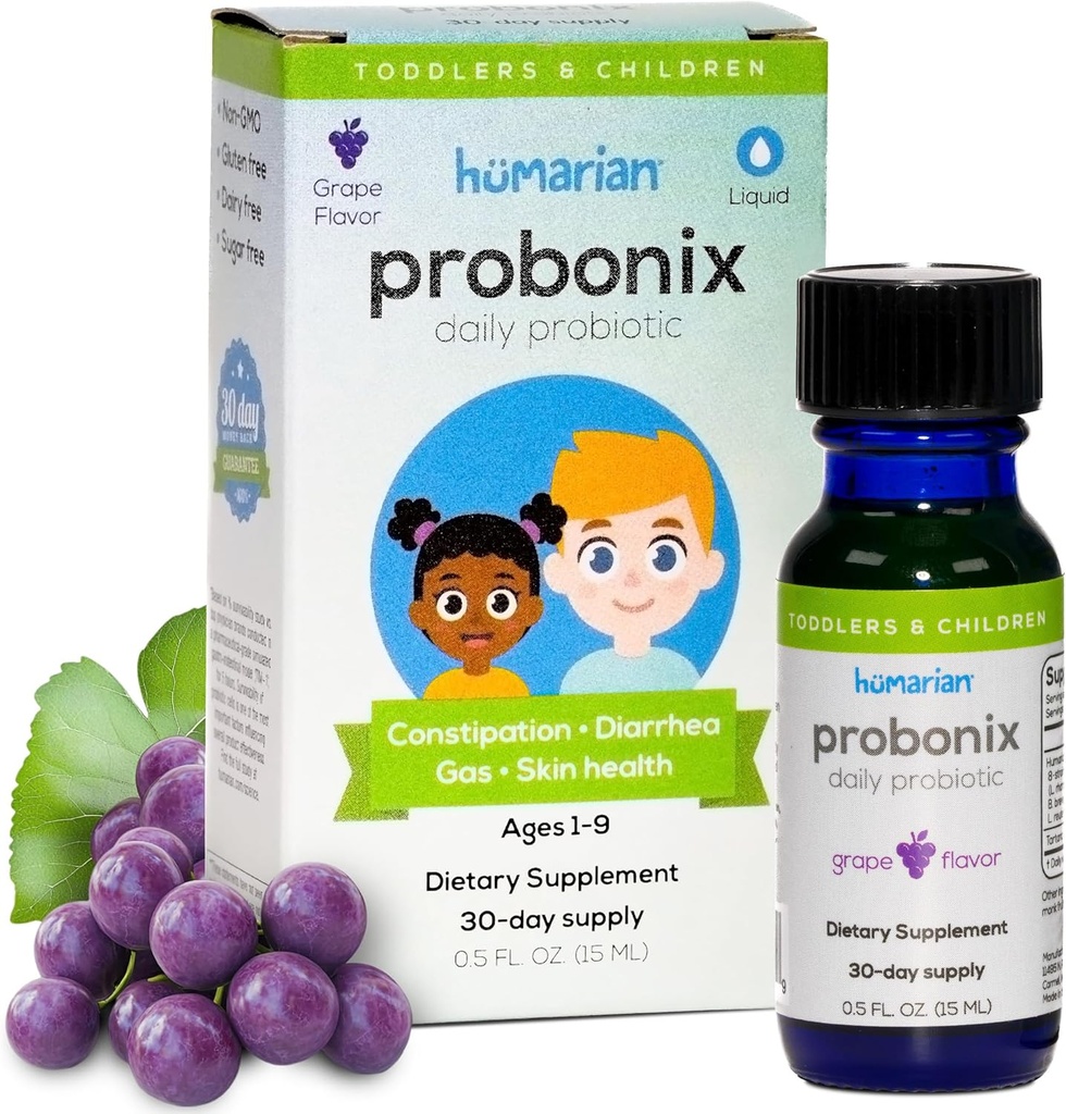 Probonix Humarian Liquid Probiotics for Kids Aged 1-9 Years Old - Superior 8-Strain Probiotic Drops to Fortify Gut Health, Immunity and More - 30-Day Supply - Tasty Grape Flavor