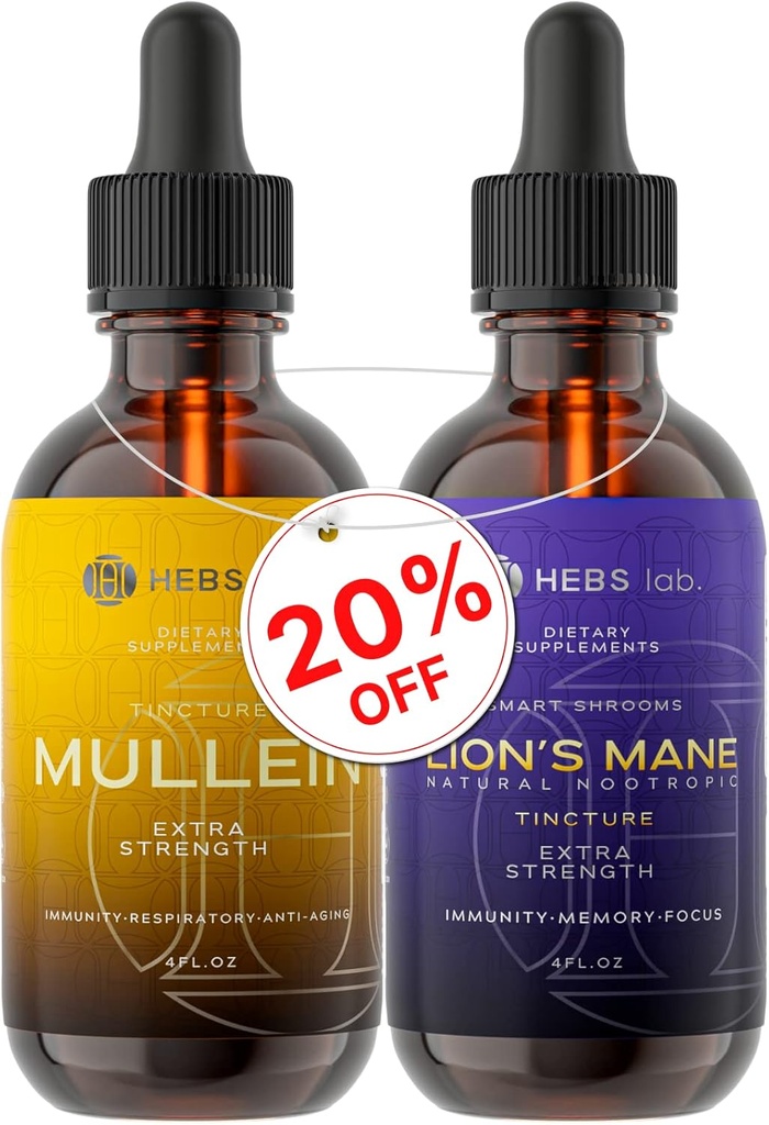 Bundle - Mullein Leaf Extract & Lions Mane Mushroom Supplement - Respiratory Support & Brain Support