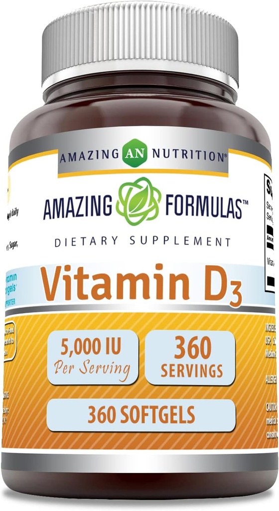 Amazing Formulas Vitamin D3 (Cholecalciferol) Supplement | 5000 IU per Serving | 360 Softgels | Non-GMO | Gluten-Free | Made in USA