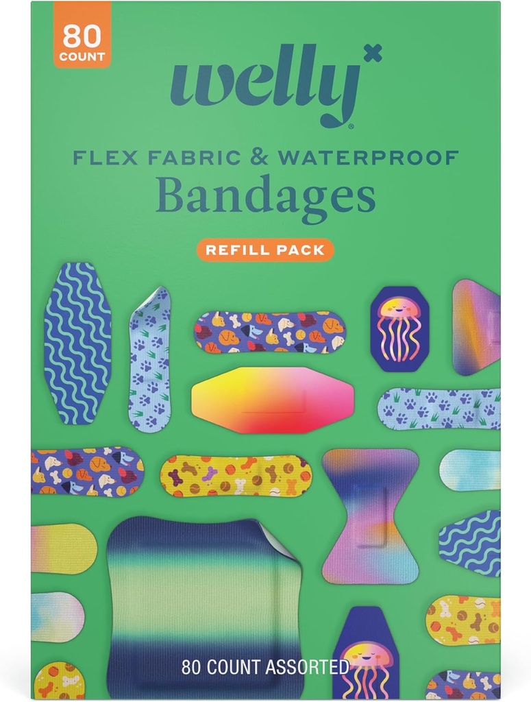 Welly Bandage Family Pack | Adhesive Flexible Fabric & Waterproof Bandages | Assorted Shapes and Patterns for Minor Cuts, Scrapes, and Wounds - 80 Count