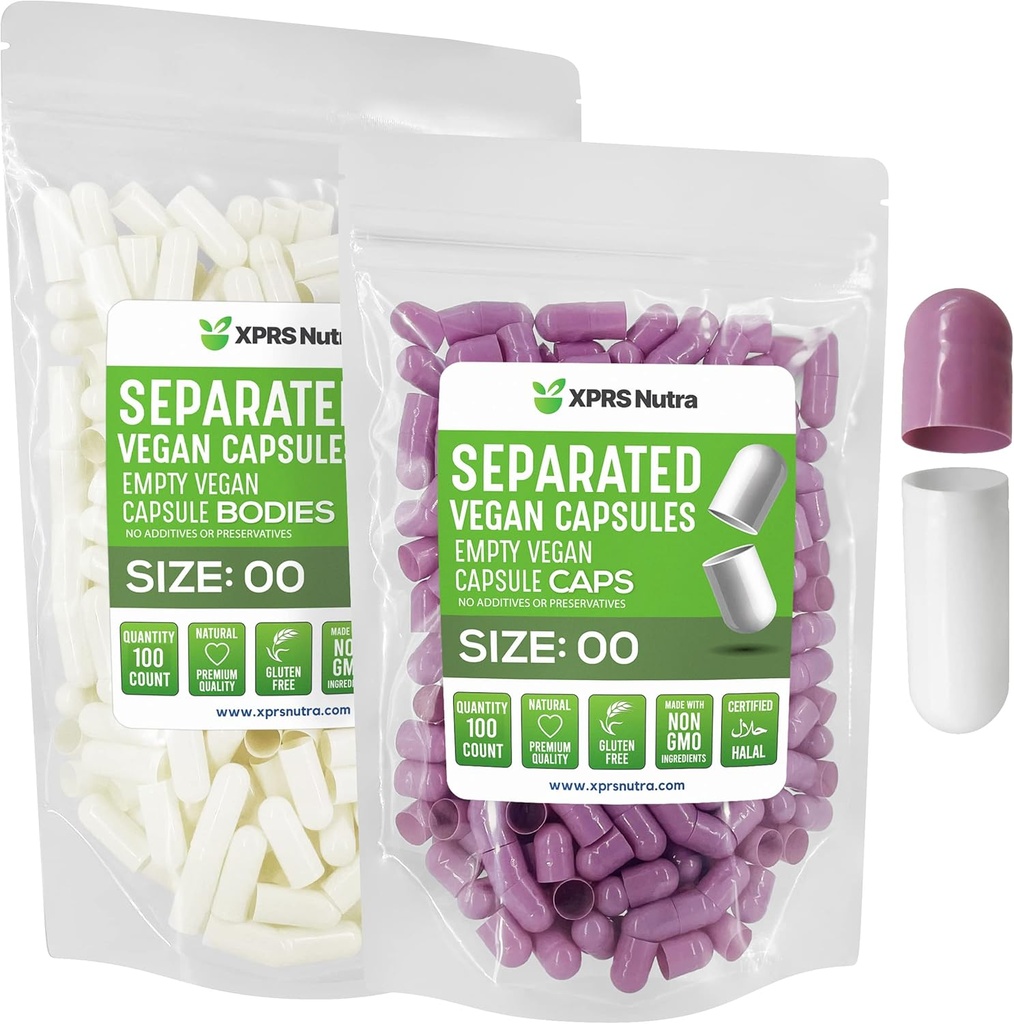 XPRS Nutra Vegan Size 00 Separated Capsules - 100 Count Premium Empty Capsules Separated in Bags - 00 Pills Empty for DIY Supplement Filling (Lavender/White)