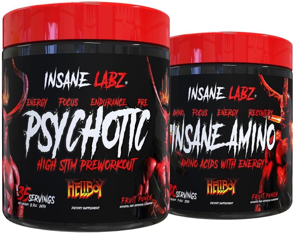 Insane Labz Hellboy Bundle, Psychotic Hellboy Pre Workout and Insane Amino BCAA, Increase Muscle Mass, Strength, Focus and Recovery Time, Fruit Punch