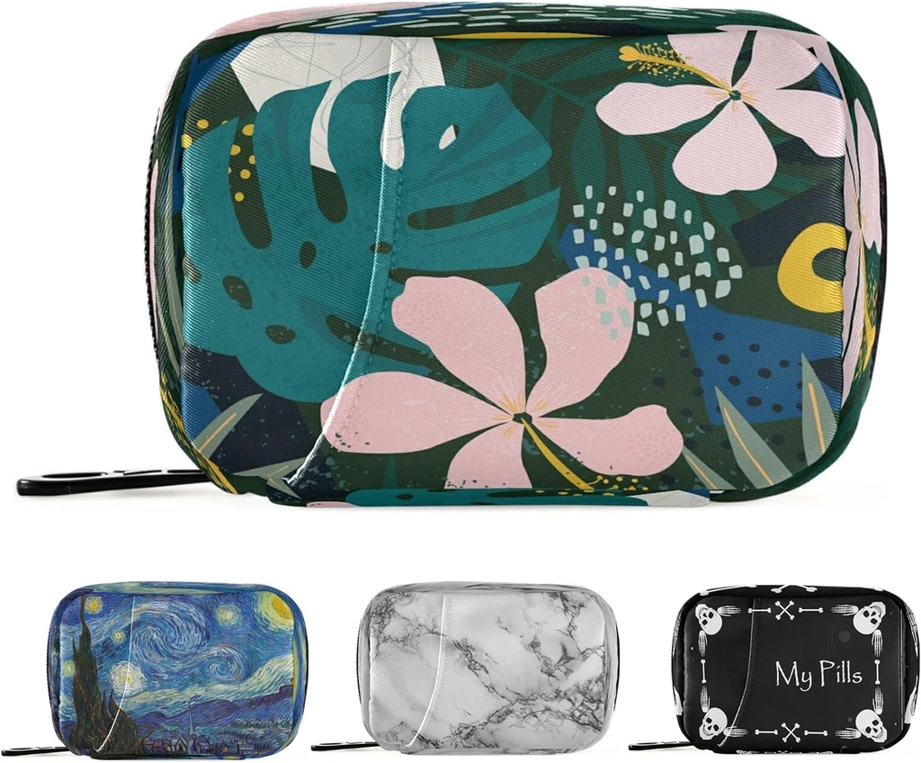 Naanle Hawaiian Palm Leaf Flower Pill Box 7 Day Pill Case Travel Pill Organizer Bag with Zipper Portable Weekly Case Compact Size for Vitamin Supplement Holder