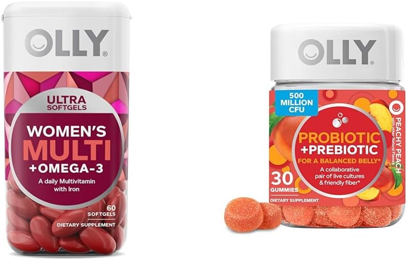 OLLY Ultra Women's Multi Softgels & Probiotic + Prebiotic Gummy, Digestive Support and Gut Health, 500 Million CFUs, Fiber, Adult Chewable Supplement for Men and Women, Peach, 30 Day Supply - 30 Count