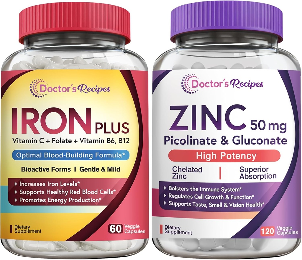 Doctor's Recipes Iron and Zinc Bundle - Energy, Blood Support, Immune Health for Men & Women, High Absorption, Non-GMO