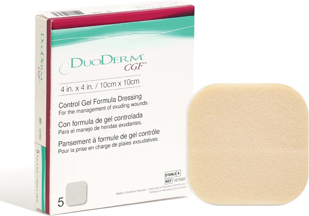 Convatec DuoDERM Control Gel Formula 4"x4" Hydrocolloid Sterile Adhesive Dressing for Partial and Full-Thickness Wounds, Medical Grade, Latex-Free, Waterproof, Square, Beige, 5ct Box