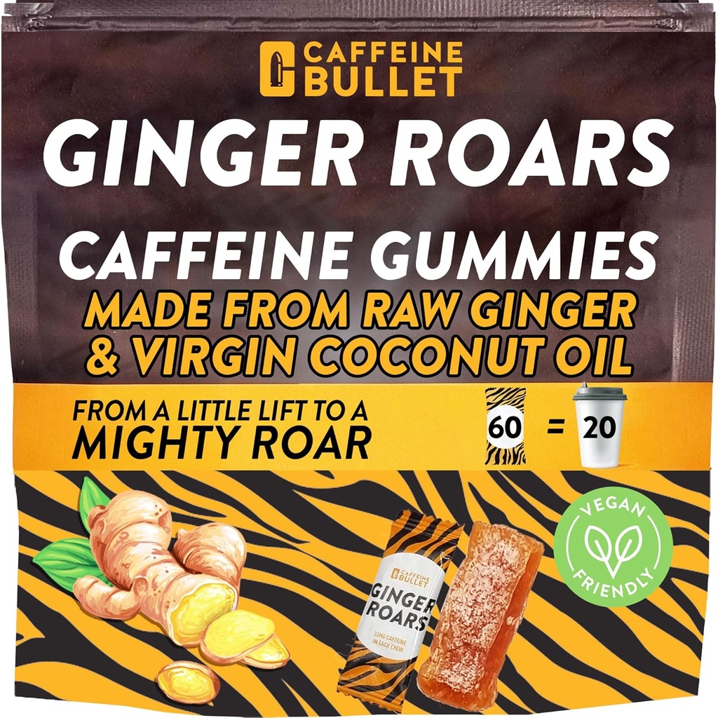 Ginger Roars - 60 Energy Gummies - Vegan Caffeine Chews Each 33mg, Made with a Tasty, Natural Fiery Kick for Improved Running, Cycling, Preworkout & Focus.