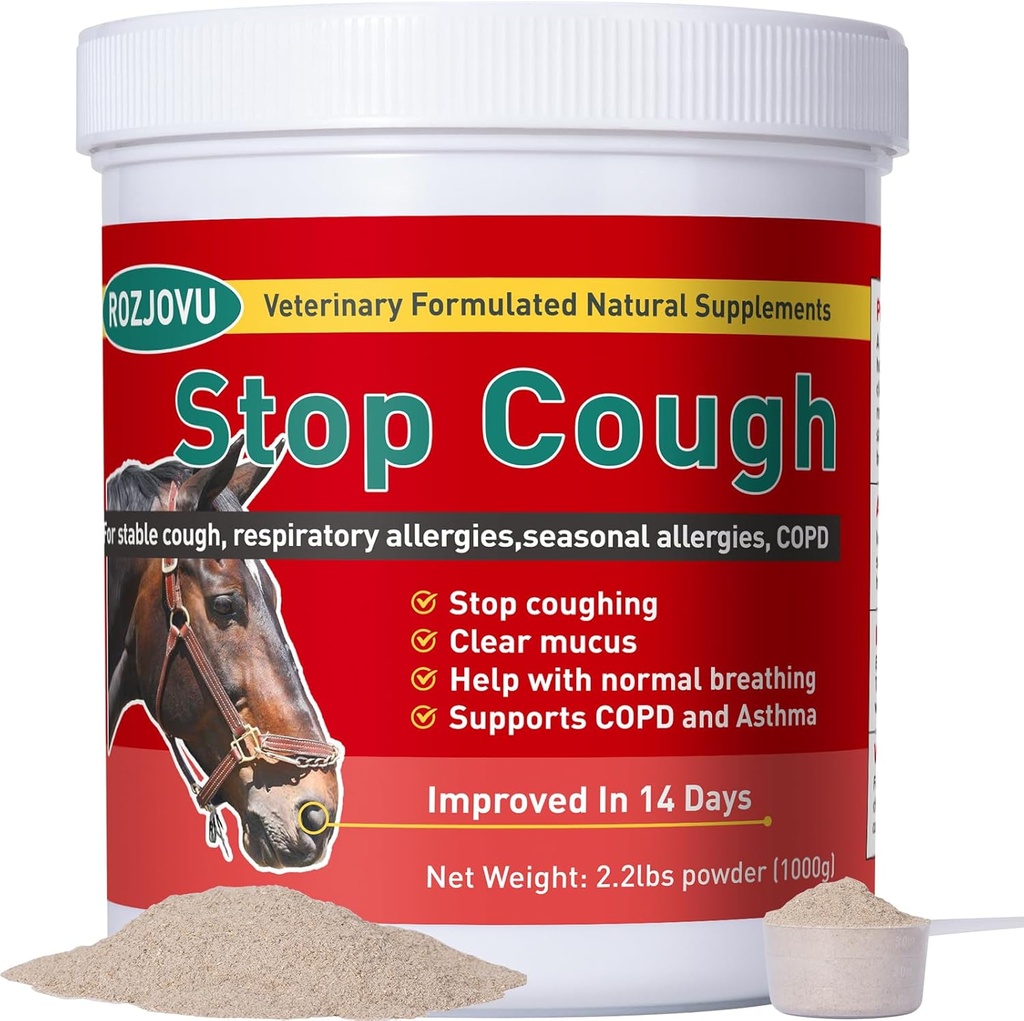 Stop Cough Horse Supplements Powder, Supports Horses with Stable Coughs, Respiratory Allergies, Free Seasonal Allergies, COPD, 2.2 lbs, 70 Day Supply